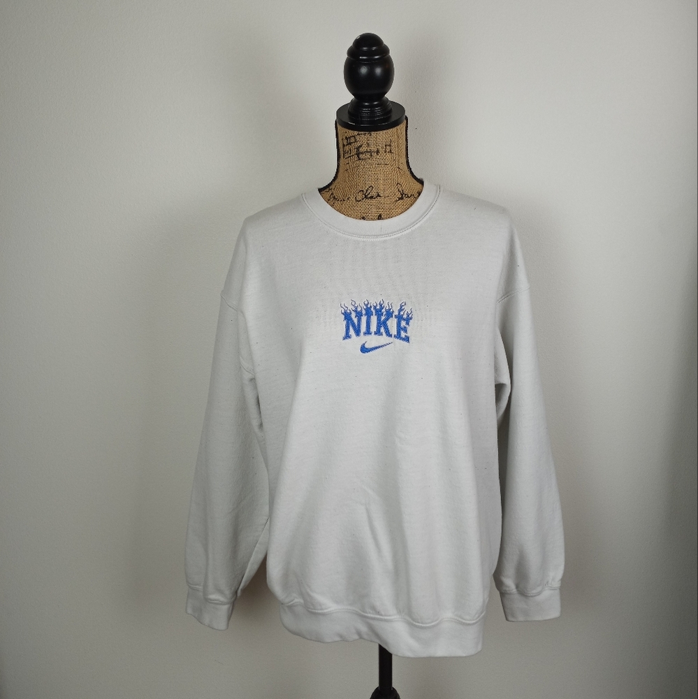 White/Blue Bootleg "Nike" Embroidered Sweatshirt!